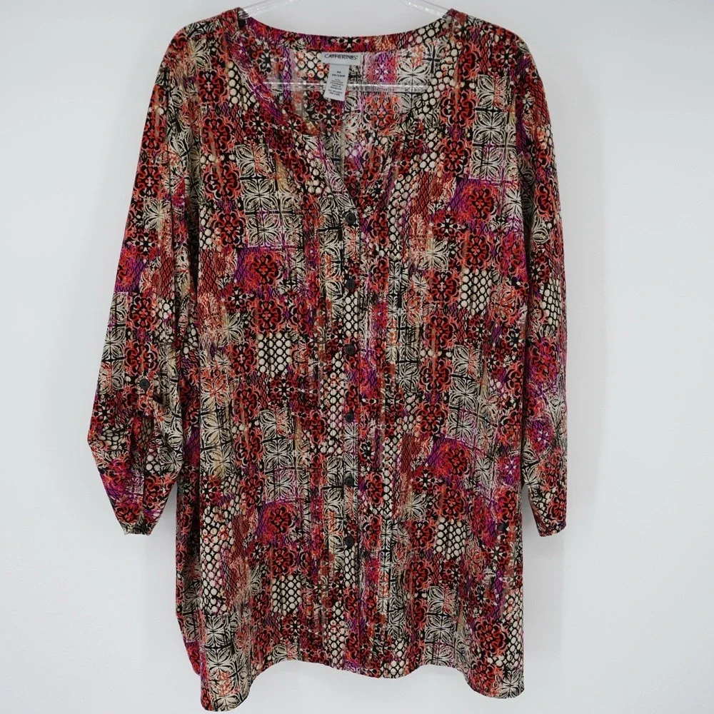 Catherines Womens Plus Size 3X 26/28W Artsy Print Blouse Top Career Office